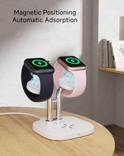 3 in 1 Dual Watch Wireless Charger Stand for Apple Watch Ultra/11 & AirPods | Dual magnetic watch charging, 5W Fast watch charge, Ergonomic design, Chrome plated plastic stand, Multi safety guard, 704A - color: White & Silver