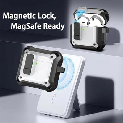 for AirPods 4 Case with Lock Magnetic Lid MagSafe, White | Compatible with Apple AirPods 4th Generation Protective Case with Cleaner Kit & Carabiner, Powerful Drop Protection - color: DHF-White, size: Airpods 4th Generation