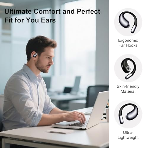Open Ear Headphones Wireless Bluetooth 5.4, Air Conduction Wireless Earbuds with Ear Hooks and Mic, 50H LED Charging Case, IPX7 Water Resistant Sport Headphones for Running Gym Work - color: Black