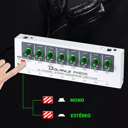 Bolanle PH400 8-Channel Headphone Amplifier 16-Output 3.5mm 6.35mm 250Ω | Drives up to 250Ω Headphones for Studio, Band, Home Recording - size: PH800