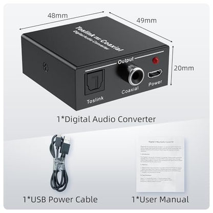 Optical-to-Coaxial or Coax-to-Optical Digital Audio Converter Adapter, LUKFOCAB Digital Coaxial to Optical Converter, Bi-Directional Coax Digital to/from Optical Toslink SPDIF Audio Converter/Repeater