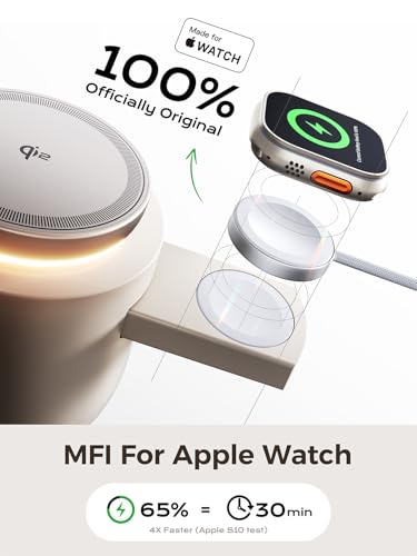 4 in 1 Qi2 Magnetic Wireless Charging Station, 15W Fast Charger with Made for Apple Watch Charging Module, for iPhone 17–12 Series & AirPods, 65W Adapter Included - color: Sand