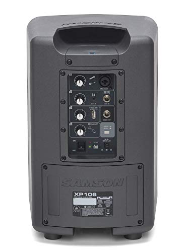 Samson Expedition XP106w 100 Watt Rechargeable Bluetooth Speaker with Wireless Handheld Microphone, Black | Key details: 100 watts with Bluetooth, Wireless HH mic (rechargable battery)