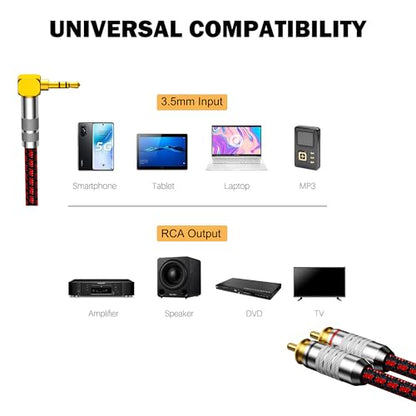RCA to 3.5mm Cable 6.5FT, Right Angle Aux to RCA Headphone Male to Male Jack Adapter Audiophile Braided Audio Y Cord for Smartphones,Tablets,Speakers,MP3,HDTV - size: 6.5FT, style: Right angle 3.5mm to 2 RCA