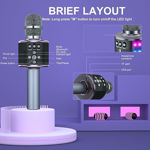 BONAOK Karaoke Microphone for Kids & Adults - Bluetooth Microphones Singing Mic with Disco Lights, Echo Effect, Built-in Speaker Portable Karaoke Player for Party Travel Gifts Q78(Space Gary) - color: Space Gary