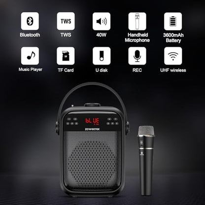 ZOWEETEK Wireless Voice Amplifier with Handheld Microphone for Teachers | Buletooth PA System Speaker and Microphone,Portable Megaphone for Classroom, Speech,Karaoke,Outdoor