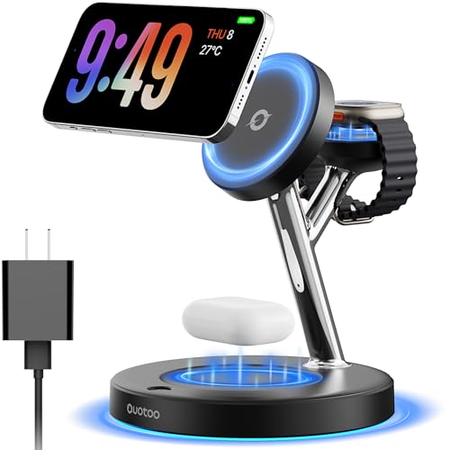 3 in 1 MagSafe Wireless Charger Stand for iPhone Apple Watch AirPods | Adjustable Blue Ambient Light,15W Magnetic Charging Station for iPhone 17 16 15 14 13 12 Series wireless charging station - color: Black