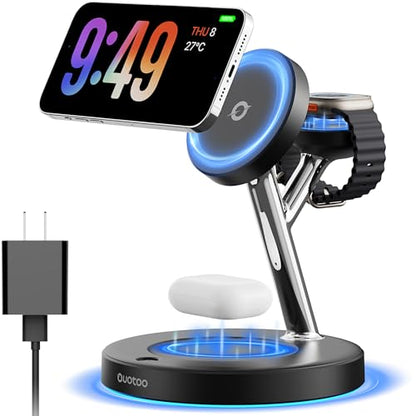 3 in 1 MagSafe Wireless Charger Stand for iPhone Apple Watch AirPods | Adjustable Blue Ambient Light,15W Magnetic Charging Station for iPhone 17 16 15 14 13 12 Series wireless charging station - color: Black