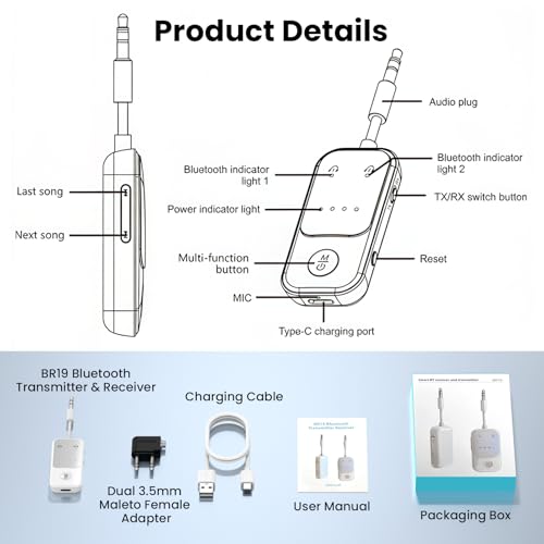 Bluetooth 5.2 Transmitter Receiver, Qualcomm aptX Adaptive Audio Adapter, 2-in-1 Wireless 3.5mm Aux Adapter for TV, Airplane, Car, Gym, Dual Link for 2 Headphones, 19H Playtime - color: White