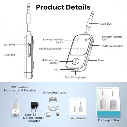 Bluetooth 5.2 Transmitter Receiver, Qualcomm aptX Adaptive Audio Adapter, 2-in-1 Wireless 3.5mm Aux Adapter for TV, Airplane, Car, Gym, Dual Link for 2 Headphones, 19H Playtime - color: White