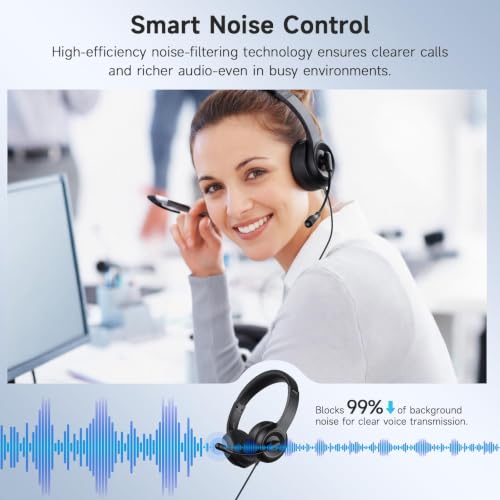 AOC USB Headset with Microphone for PC, On-Ear Wired Headphones with Mic | with Noise-Cancelling, 40mm Audio Drivers, USB-A Computer Headset for Office, Teams, Call Centers & Online Meetings (Black)