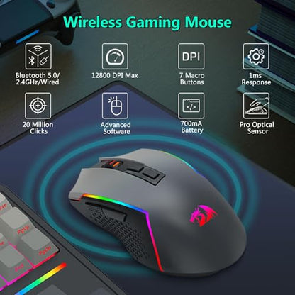 Redragon Wireless Mechanical Keyboard and Mouse Combo, RGB Backlit | Bluetooth/2.4Ghz/USB-C Wired, TKL Creamy Gaming Keyboard with Hot Swappable Linear Switches + 12800 DPI Gamer Mouse
