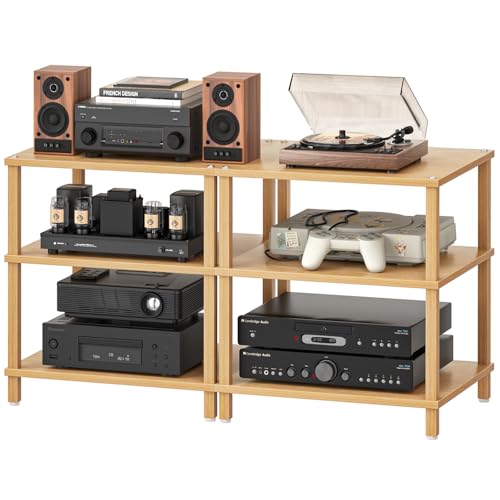 LELELINKY 3-Tier AV Media Player Stand Set of 2, Natural Stereo Cabinet, Wooden TV Stand,Game Console Shelf, Multifunctional Entertainment Center, Suitable for Home, Conference Room, Game Studio - color: Natural, size: 3 Tier