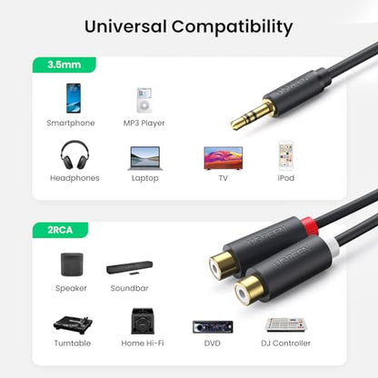 UGREEN 3.5mm Male to 2 RCA Female Stereo Audio Y Splitter Cable 0.8ft | Bi-Directional Adapter, Gold Plated Red and White Jack, Dual-Shielding, For Phone, TV, DVD Player, Speaker, Laptop to Amp