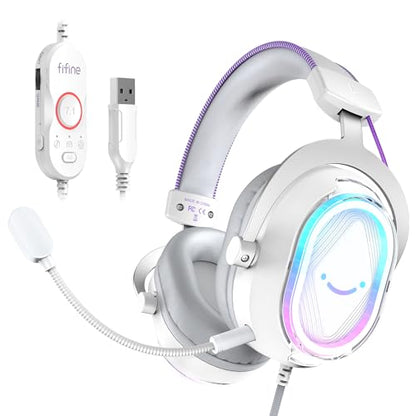 FIFINE AmpliGame H13WP USB Gaming Headset Wired, Customizable RGB Light | 50mm Drivers, Crisp 7.1 Surround, Soft Protain Leather, Detachable Mic, Game/chat Balance, for PC, Mac, PS4/5 - color: White and Purple