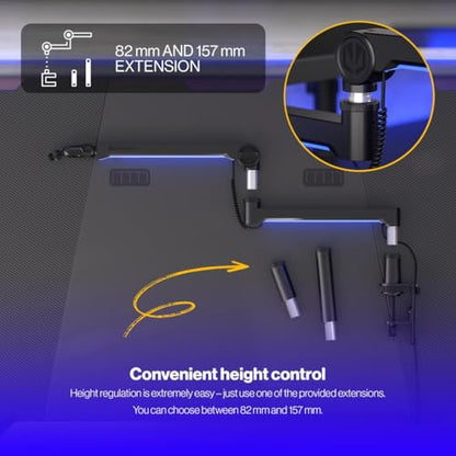 ENDORFY Broadcast Low Profile RGB Boom Arm, Premium Low Profile Microphone Smartfone and Light Arm with Cable, Rotatable, LED Lights with Controller