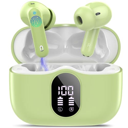 Wireless Earbuds, Bluetooth 5.4 Headphones Bass Stereo, Ear Buds with Noise Cancelling Mic, IP7 Waterproof in Ear Earphones, 36H LED Display Bluetooth Earbuds for Laptop Pad Phones Sports, Grass Green | Ear Buds with Noise Cancelling Mic LED Display, 36H,
