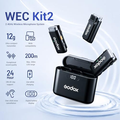 Godox WEC 2.4GHz Wireless Microphone System - 12g Ultra Compact, 200m Range, 24H Recording, Intelligent Noise Cancellation, Compatible with Cameras/Smartphones for Live Streaming, Interviews, Vlogging