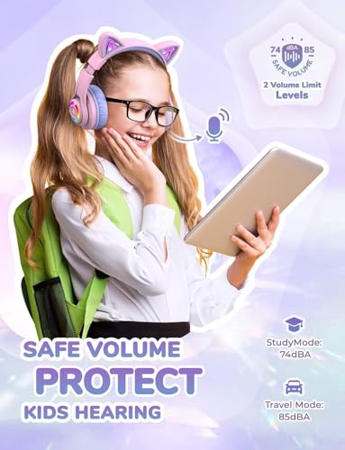 iClever BTH13 Kids Bluetooth Headphones for Girls, LED Cat Ear Travel Gift | SafeSound Tech, 50H Playtime, USB C Charging, AUX Cable, Stereo Sound, Kids Headphones Wireless with Mic for Tablet, Purple - color: Light Purple