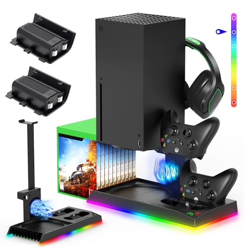 Upgrade Stand for Xbox Series X with Back Cooling Fan& RGB Lights, Charging Station with Controller Charger Dock &Game Storage Rack Organizer& Headset Stand with 2X1400 mAh Rechargeable Battery Pack