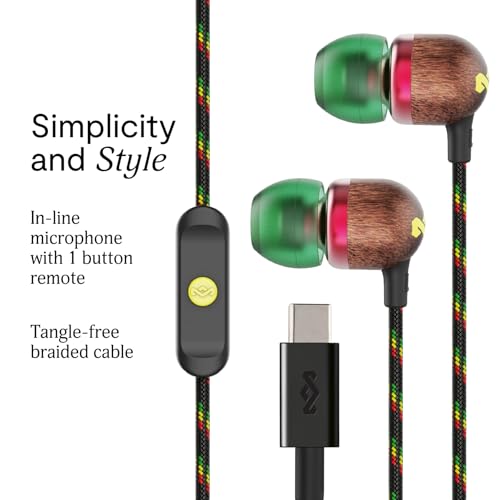 House of Marley Smile Jamaica USB-C Wired Earbuds with Microphone, in-Ear Headphones, 9.2mm Driver, Tangle-Resistant Cable, Plug-and-Play Earphones for Smartphones, Tablets & Laptops (Rasta) - color: Rasta