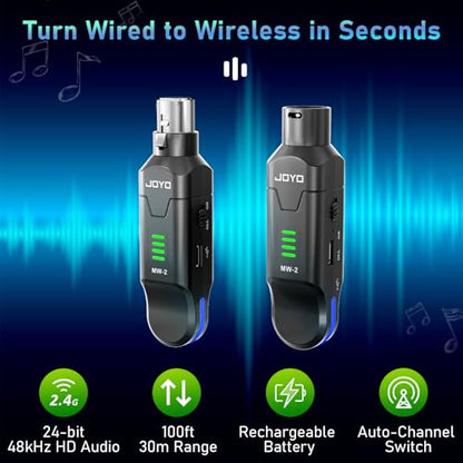 JOYO 2.4GHz Wireless XLR Microphone System, Plug-on Transmitter & Receiver for Dynamic Mics, 100ft Range, 24-bit/48kHz, 6-8Hr Battery, 4-Channel (MW-2)
