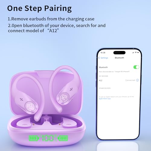 Wireless Earbuds with Ear Hooks 96H Playtime for iPhone Android | LED Display Deep Bass Stereo Sound Built in Mic Sweat Resistant Design Low Latency Mode for Sports Gaming - color: Purple