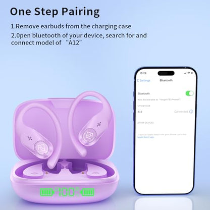 Wireless Earbuds with Ear Hooks 96H Playtime for iPhone Android | LED Display Deep Bass Stereo Sound Built in Mic Sweat Resistant Design Low Latency Mode for Sports Gaming - color: Purple