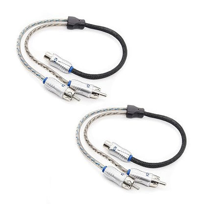 NVX® XIX2M Oxygen Free Copper 1 Female to 2 Male Y-Adapter Double Twisted Pair X-Series Car Audio RCA Audio Cable with Shielded Noise Reduction and Split-tip Silver-Plated Machined Ends (2-Pack) | Oxygen Free Copper Double Twisted Pair X-Series with Shiel