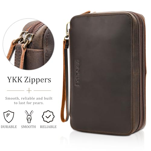 Polare Full Grain Leather Cable Organizer Travel Case Double Layers Electronics Accessories Carry Bag with YKK Zippers All-in-One Tech Storage Pouch for Cords, Power Bank, USB, Charger