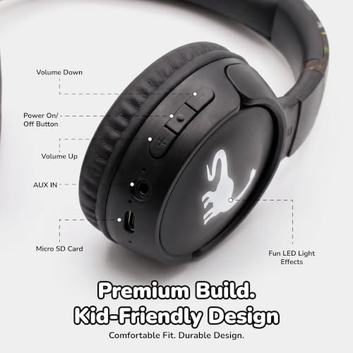 Kids Safe Wireless Light Up Headphones, Foldable Tangle-Free 3.5mm Jack, Volume Limiting 85/94dB, Over-Ear with Microphone for School/Toddlers/Teens/Boys/Girls/Ipad/Tablet/Kindle/Phones/Travel/Plane - color: Black
