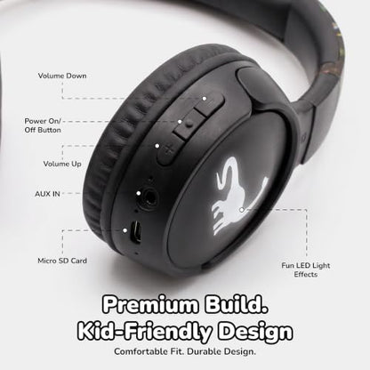 Kids Safe Wireless Light Up Headphones, Foldable Tangle-Free 3.5mm Jack, Volume Limiting 85/94dB, Over-Ear with Microphone for School/Toddlers/Teens/Boys/Girls/Ipad/Tablet/Kindle/Phones/Travel/Plane - color: Black