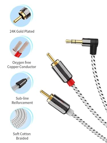 3.5mm to R-CA Cable, Angle 3.5mm Male to 2R-CA Male Auxiliary Stereo Audio Y Splitter Gold-Plated for Smartphones, MP3, Tablets, Speakers, Echo Dot, Home Theater, HDTV, 10FT/3M - size: 10 Feet, style: 3.5mm Angled