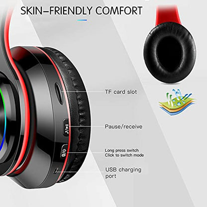 Kids Bluetooth Over Ear Headphones with LED Lights,BlackRed | Built-in Mic, Bluetooth 5.0, Wired and Wireless Foldable Stereo Headphones for Classroom, Office, Tablet, Airplane,Travel - color: Black