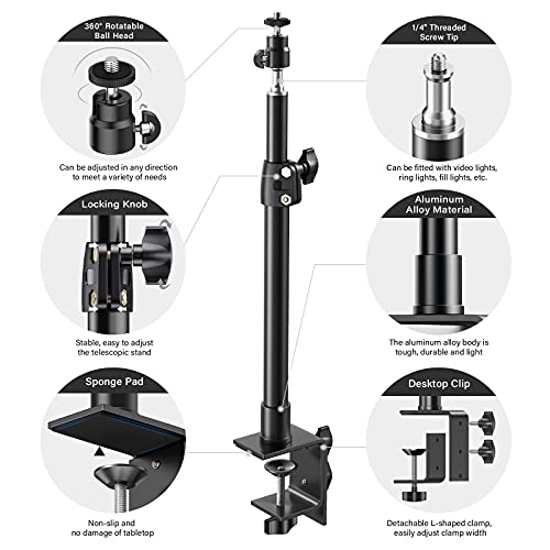 2-Pack Camera Desk Mount Stand with 1/4" Ball Head and Cold Shoe Mount Adapter,12.9-22" Tabletop Mounts Stand, Adjustable Aluminum Desktop Light Stand, for DSLR Camera, Ring Light, Video Light