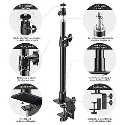 2-Pack Camera Desk Mount Stand with 1/4" Ball Head and Cold Shoe Mount Adapter,12.9-22" Tabletop Mounts Stand, Adjustable Aluminum Desktop Light Stand, for DSLR Camera, Ring Light, Video Light