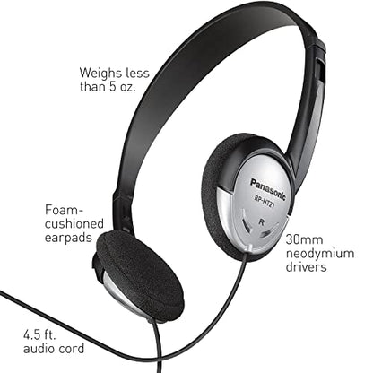 Panasonic Headphones On-Ear Lightweight with XBS RP-HT21 (Black & Silver) - size: 36 x 6.7 x 0.5 inches (Pack of 1), style: On Ear - No Mic