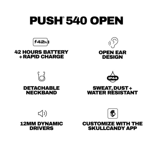 Skullcandy Push 540 Open Wireless Open-Ear Bluetooth Earbuds - True Black | Sweat and Water Resistant, 42 Hours Battery, Detachable Neckband, Secure Over-Ear Fit, Running Outdoors, Exercise, Gym - color: True Black