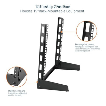 Tecmojo 2 Post 12U Desktop Server Rack Small Open Frame Rack for 19in AV/Data/Audio/Studio Equipment Free Standing Home/Office Rack,Tapped Hole - size: 12U/Tapped Hole