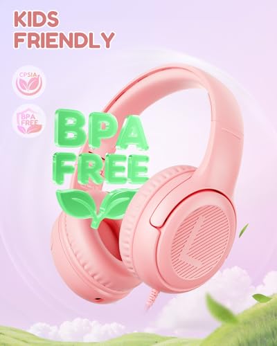 Kids Headphones with Microphone Foldable Stereo Tangle-Free 3.5mm Jack Wired Cord On-Ear Headset for Children/Teens/Boys/Girls/Smartphones/School/Kindle/Airplane Travel/Plane/Tablet (Pink) | 3.5mm Jack, HD Mic, Portable Wired Headphone with Shareport, Ste