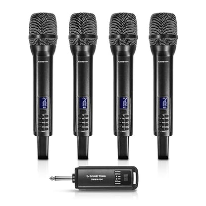 Sound Town 2.4GHz Rechargeable Wireless Microphone System with 4 x Handheld Mic, 1/4" Mini Portable Receiver, Built-in EQ, Effects for Karaoke, Events, Church, Meetings (SWM-01U4) - size: 2.4GHz with 4 Handheld Mics