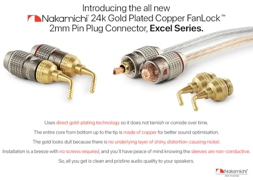 Nakamichi FanLock Excel Series 24K Gold Plated 2mm Pin Plugs, 10-18 AWG | Gauge Size 4mm for Spring Clip Terminal Speakers Amplifier Hi-Fi Audio Wire Cable Quick Connector Banana, 12 Pcs (6-Pairs) - size: 12 Pcs (6-Pairs)