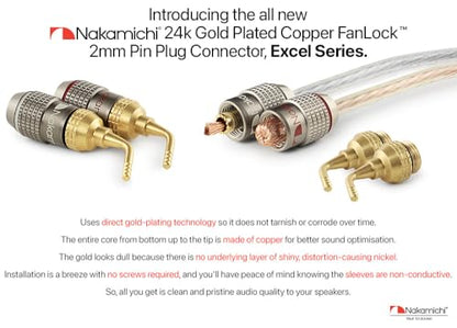 Nakamichi FanLock Excel Series 24K Gold Plated 2mm Pin Plugs, 10-18 AWG | Gauge Size 4mm for Spring Clip Terminal Speakers Amplifier Hi-Fi Audio Wire Cable Quick Connector Banana, 12 Pcs (6-Pairs) - size: 12 Pcs (6-Pairs)
