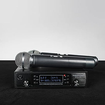 Phenyx Pro Dual UHF Auto Scan Handheld Wireless Microphone System PTU-71-2H | 2 Dynamic Mics, 2 x 100 Frequencies, 328 ft Range, Live Vocals, Karaoke Events, Worship Services