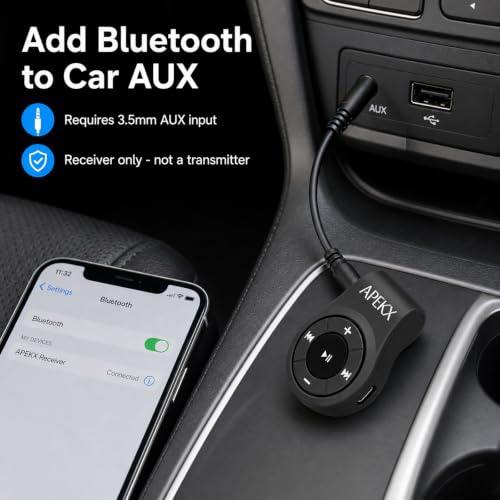 Clip Bluetooth Adapter & Receiver w/Mic for 3.5mm Headphone &Car Aux | Bluetooth Car Adapter, Wireless Audio Receiver w/ Built-in Mic for Hands-Free Call and Music