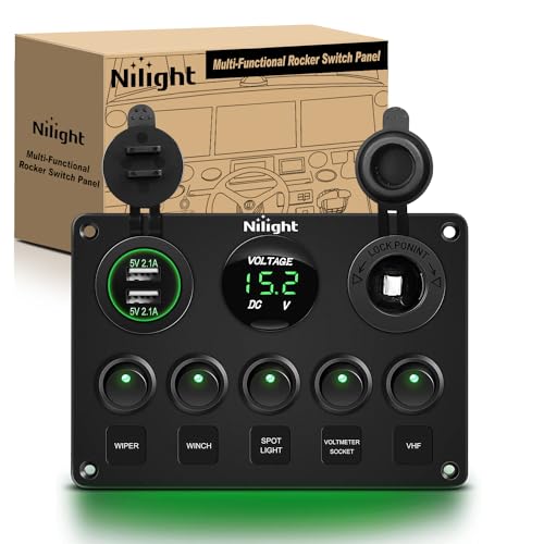 Nilight 5 Gang Multi-Function Rocker Switch Panel On Off SPST Toggle | 12V 12V/20A 24V/10A Dual USB Charger LED Voltmeter Cigarette Lighter for LED Light Bar Rear Rock Lights Trucks RV Boats 4X4 Green - color: Green