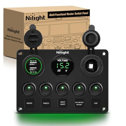 Nilight 5 Gang Multi-Function Rocker Switch Panel On Off SPST Toggle | 12V 12V/20A 24V/10A Dual USB Charger LED Voltmeter Cigarette Lighter for LED Light Bar Rear Rock Lights Trucks RV Boats 4X4 Green - color: Green