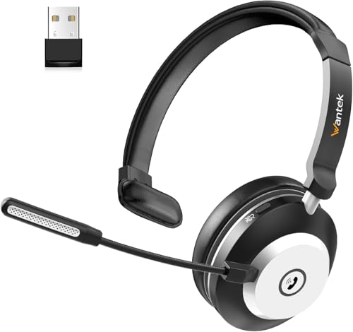 Wantek Bluetooth Headset with USB Dongle for Computer, Single-Ear Wireless Headset with Noise Cancelling Microphone for Office & Truckers, Bluetooth V5.3 with Mute Button for Work