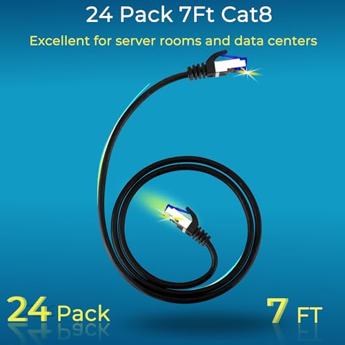 Rapink Patch Cables Cat8 7ft 24 Pack Slim, Cat8 Ethernet Patch Cable 40G Support, Snagless Cat 8 Patch Cable for Patch Panel to Switch, Flexiable Cat 8 Ethernet Cable Datacenter with Gold Plated - size: 7ft, style: 24 Pack