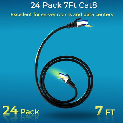 Rapink Patch Cables Cat8 7ft 24 Pack Slim, Cat8 Ethernet Patch Cable 40G Support, Snagless Cat 8 Patch Cable for Patch Panel to Switch, Flexiable Cat 8 Ethernet Cable Datacenter with Gold Plated - size: 7ft, style: 24 Pack